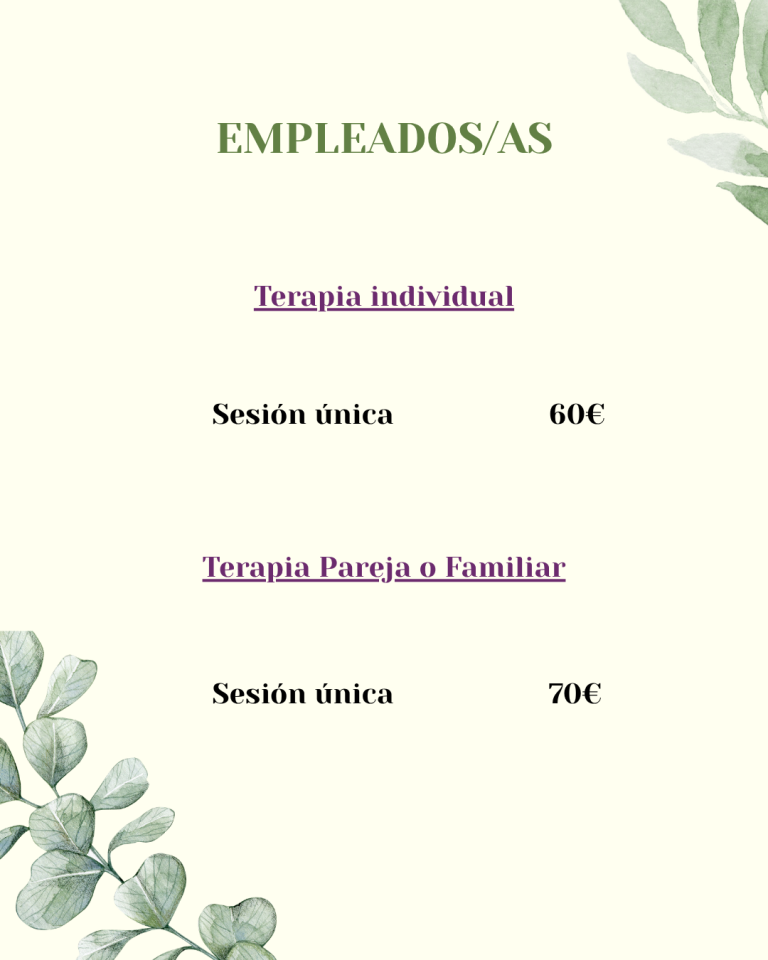 Tarifa de precios para personas empleadas. Sesiones individuales 60&euro;