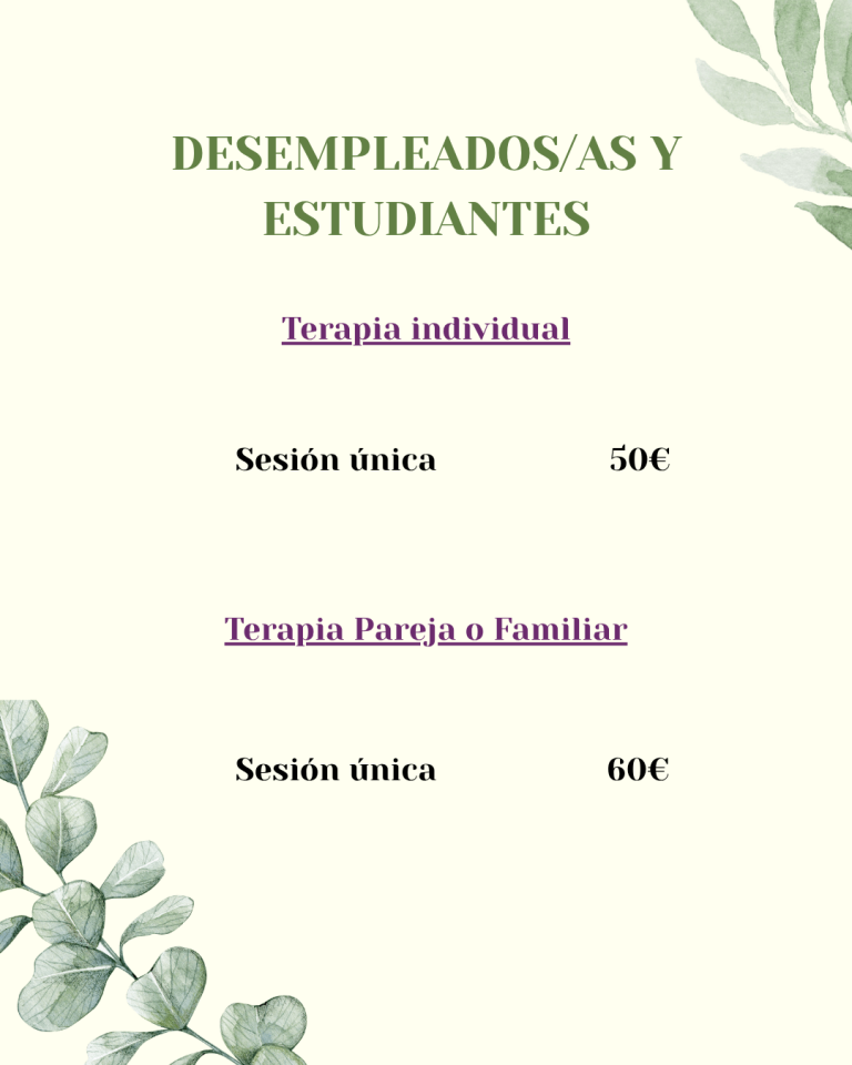 Tarifa de precios para personas desempleadas o estudiantes. Sesi&oacute;n individual 50&euro;
